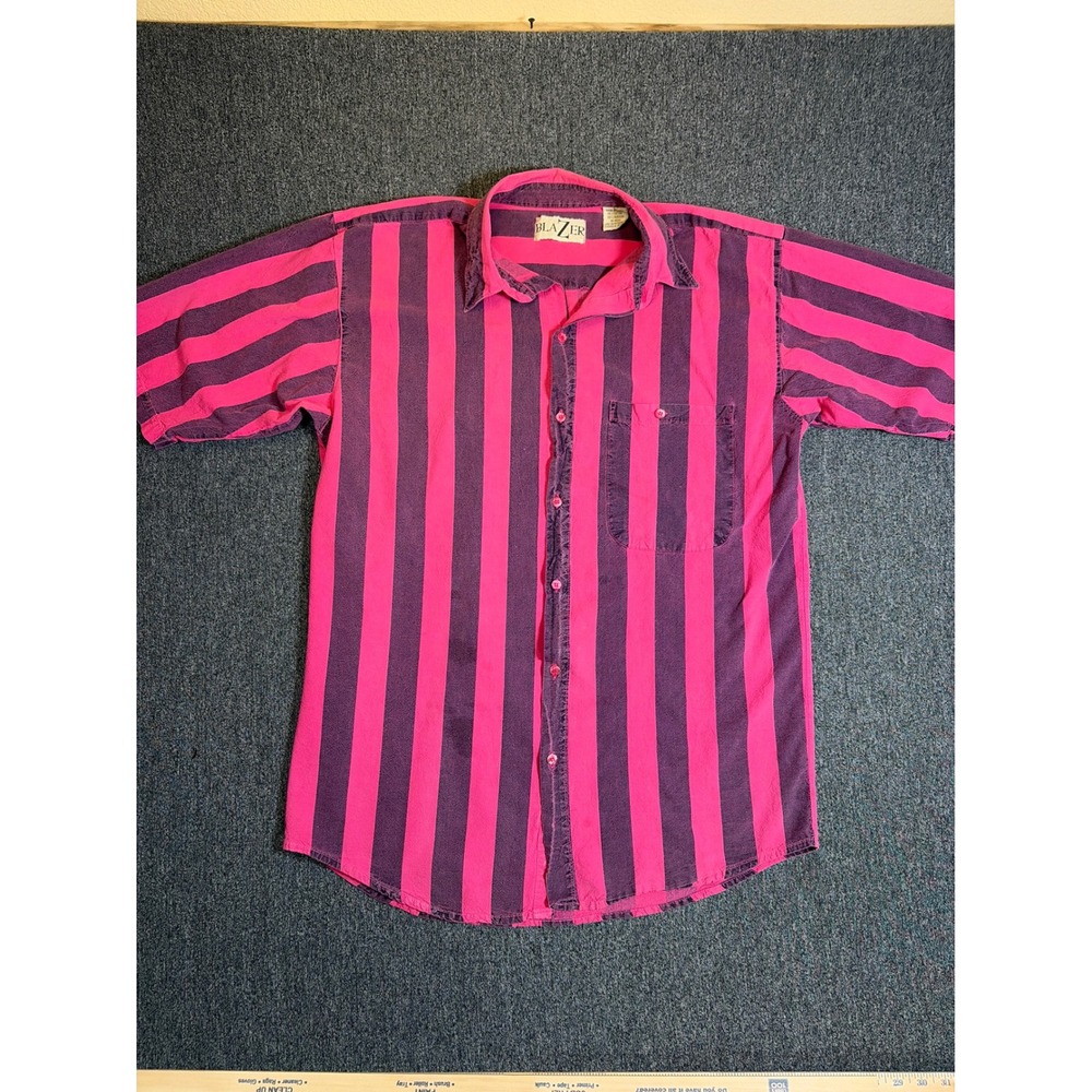 Vintage Blazer Mens Large Pink Purple Short Sleeve Cotton Button Up Shirt